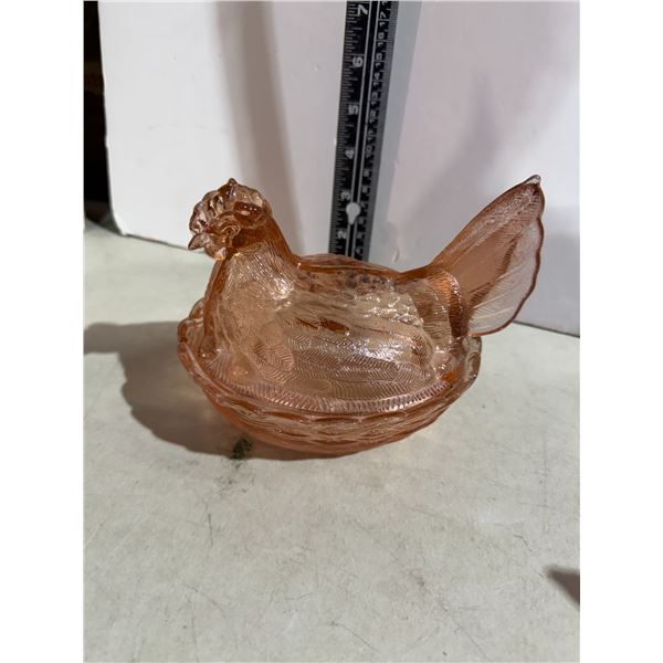 collectible pink glass "Hen on Nest" covered candy dish.
