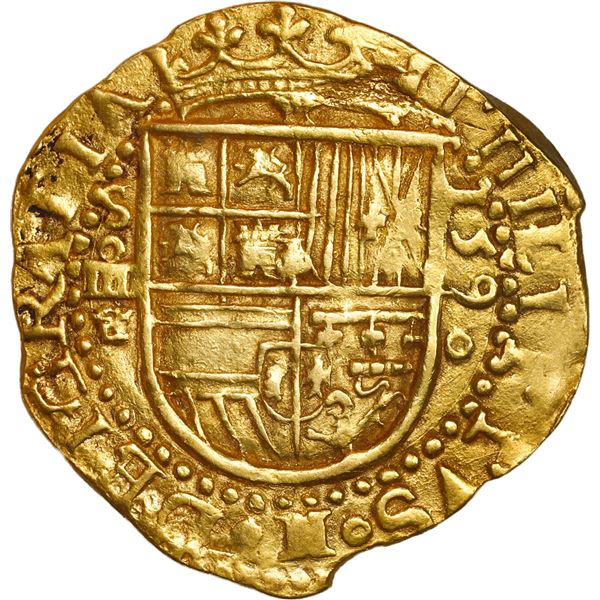 SPAIN, Seville, gold cob 4 escudos, Philip II, 1590 date to right, assayer Gothic D below mintmark S