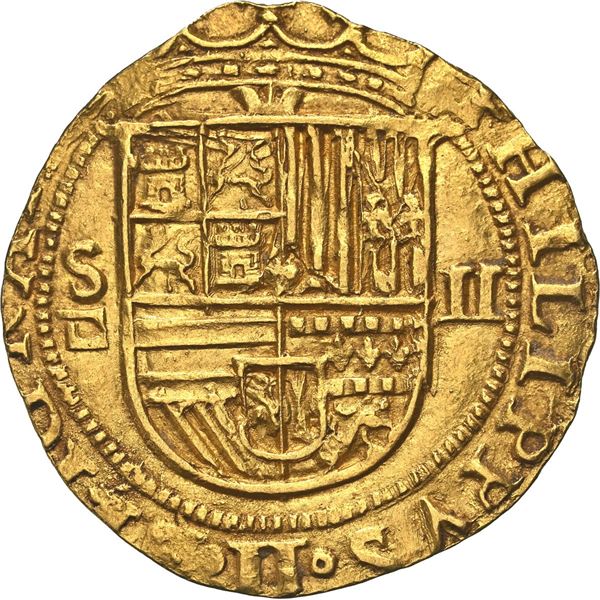 SPAIN, Seville, gold cob 2 escudos, Philip II, assayer Gothic D below mintmark S to left, denominati