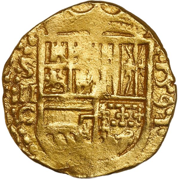 SPAIN, Seville, gold cob 2 escudos, Philip II, 1591 date to right, assayer C below mintmark S and de