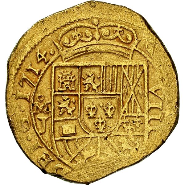 MEXICO, Mexico City, gold cob 8 escudos, 1714 J, NGC UNC details / rev scratched (1715 Fleet Shipwre