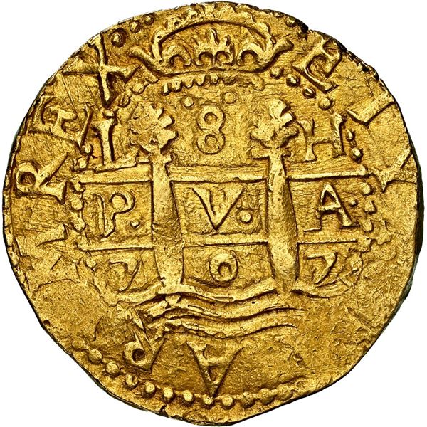 PERU, Lima, gold cob 8 escudos, 1707 H, legend ISPANIAR, rare, NGC MS 63 (1715 Fleet Shipwreck Label