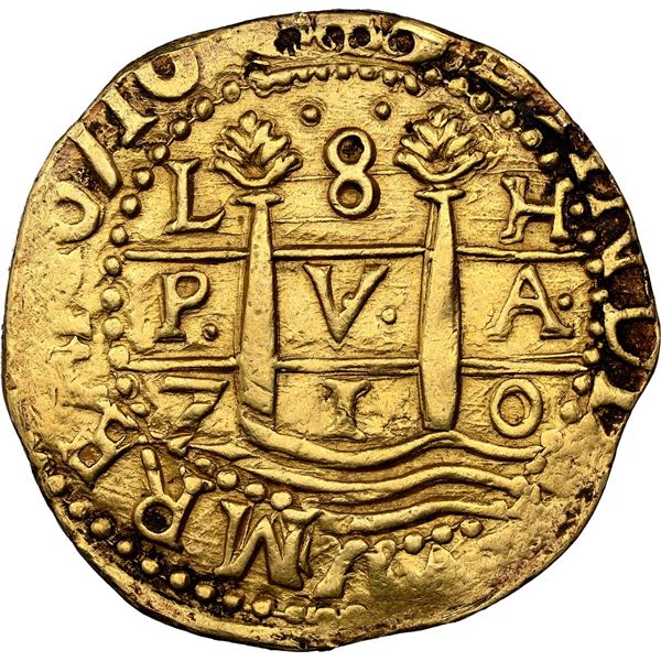 PERU, Lima, gold cob 8 escudos, 1710 H, NGC AU details / removed from jewelry (1715 Fleet Shipwreck 