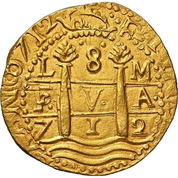 PERU, Lima, gold cob 8 escudos, 1712 M, NGC MS 64 (1715 Fleet Shipwreck Label).