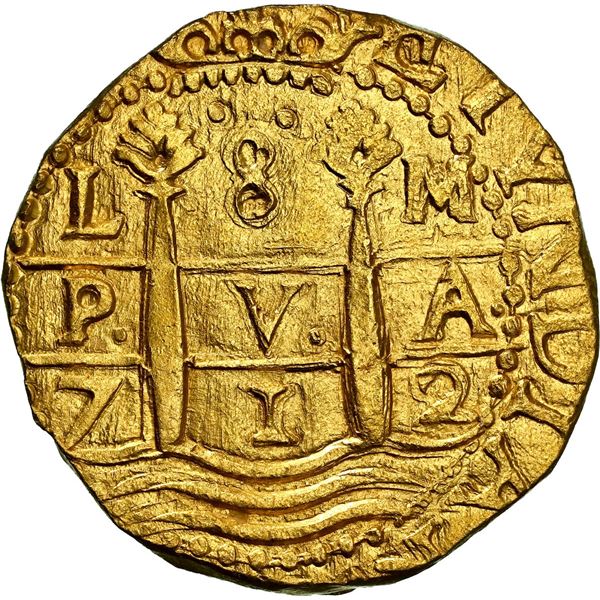 PERU, Lima, gold cob 8 escudos, 1712 M, NGC MS 62 (1715 Fleet Shipwreck Label).