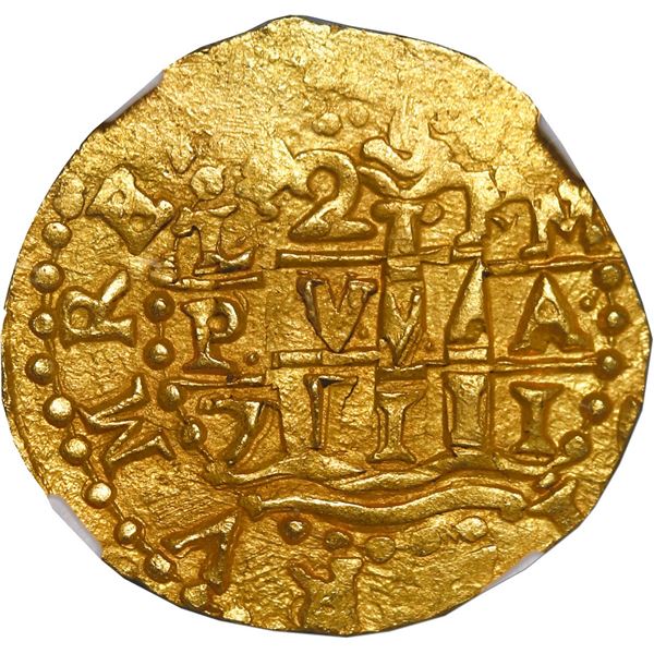 PERU, Lima, gold cob 2 escudos, 1711 M, NGC MS 63 (1715 Fleet Shipwreck Label).