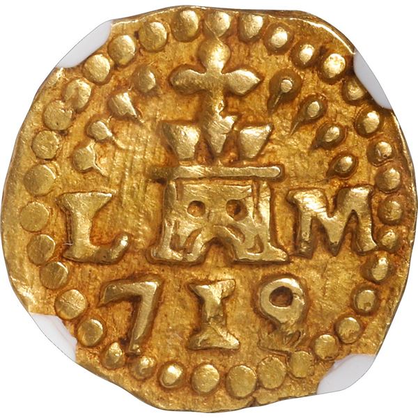 PERU, Lima, gold cob 1 escudo, 1719/8 M, rare, NGC AU 58, "top pop."