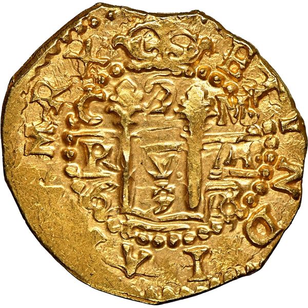 PERU, Cuzco, gold cob 2 escudos, 1698 M, "Lima cut," error-variety with RX in legend, rare, NGC MS 6