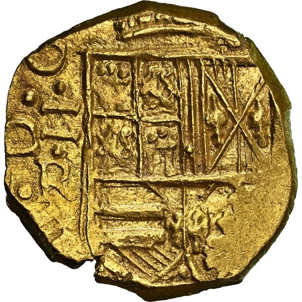 COLOMBIA, Bogotá, gold cob 2 escudos, 1655, assayer R below denomination II to left, mintmark NR to