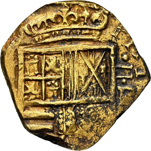 COLOMBIA, Bogotá, gold cob 2 escudos, Philip IV, assayer R below denomination II to right, mintmark