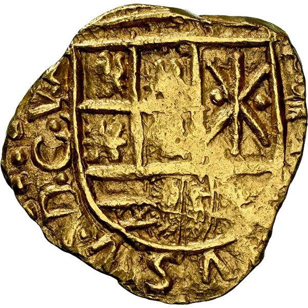 COLOMBIA, Bogotá, gold cob 2 escudos, 1701/0, assayer V.A at end of shield-side legend, PHILIPPS V D