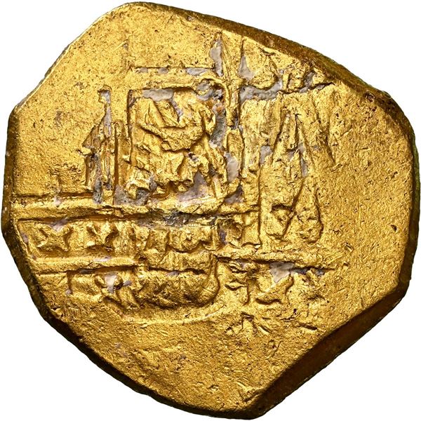 COLOMBIA, Bogotá, gold cob 2 escudos, Charles II posthumous, no assayer (Arce), NGC AU details / scr