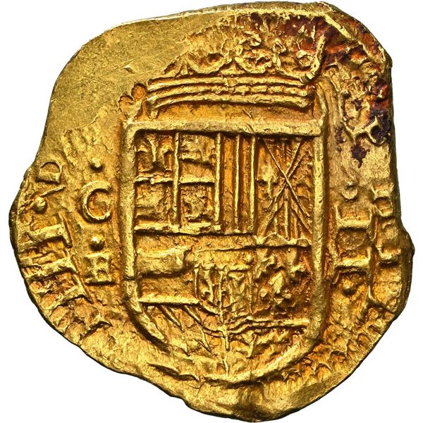 COLOMBIA, Cartagena, gold cob 2 escudos, Philip IV, assayer E below mintmark C to left, dots inside 