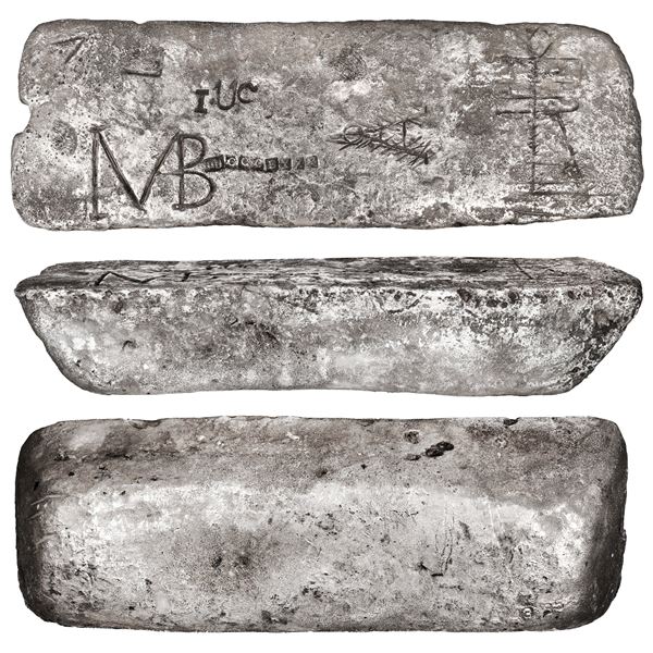 Large silver ingot 43 from Oruro dated 1622, Class Factor 0.9, 86.2 lb troy, with markings of manife