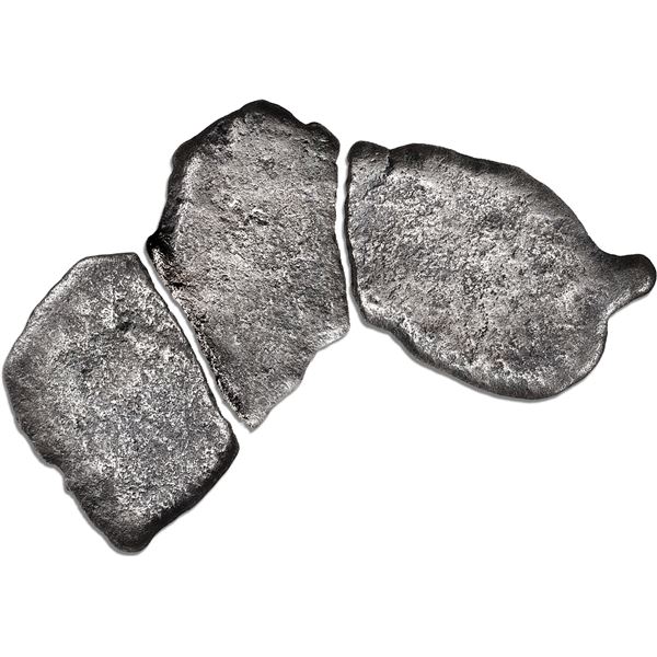 Poured silver "strap" broken into three pieces in its time, 128.32 grams total, about 98% fine, ex-1