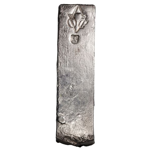 Neatly formed Dutch silver ingot, 1964 grams, about 98.5% fine, with markings of VOC (Dutch East Ind