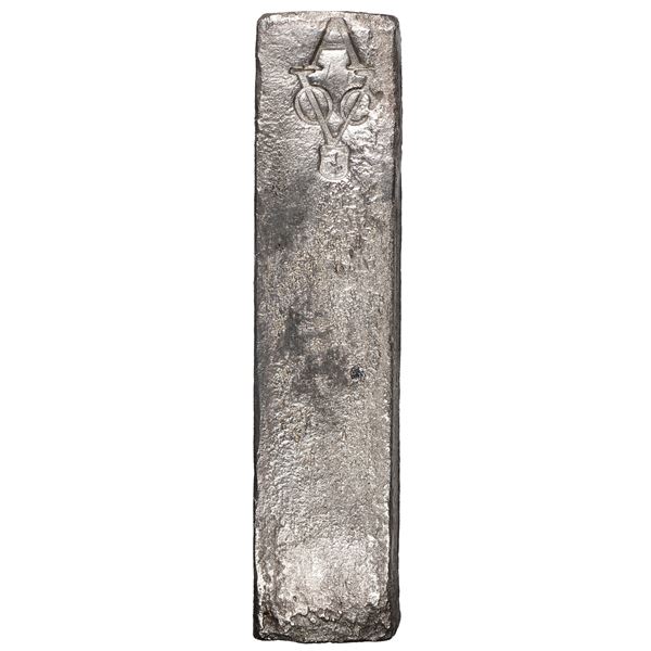 Neatly formed Dutch silver ingot, 1933 grams, about 98.5% fine, with markings of VOC (Dutch East Ind