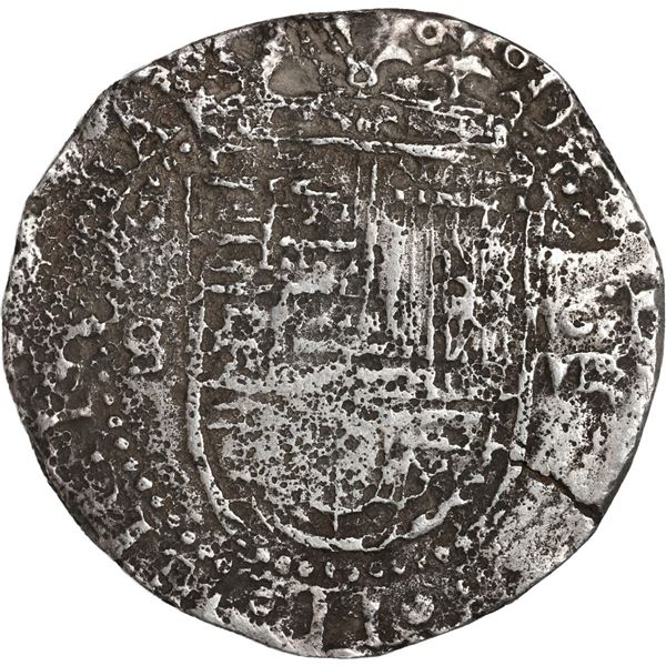 SPAIN, Seville, cob 8 reales, Philip II, assayer Gothic D at 4 o'clock outside tressure on reverse.