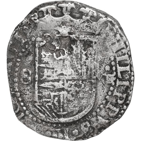 SPAIN, Seville, cob 8 reales, Philip II, assayer Gothic D at 4 o'clock outside tressure on reverse.