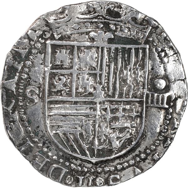 SPAIN, Seville, cob 4 reales, Philip II, assayer Gothic D at 4 o'clock outside tressure on reverse.