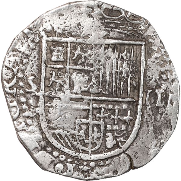 SPAIN, Seville, cob 2 reales, Philip II, assayer Gothic D at 4 o'clock outside tressure on reverse.