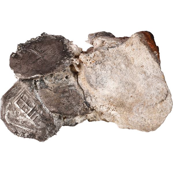 MEXICO, Mexico City, impressively encrusted clump of at least four cob 8 reales, Philip IV, one clea