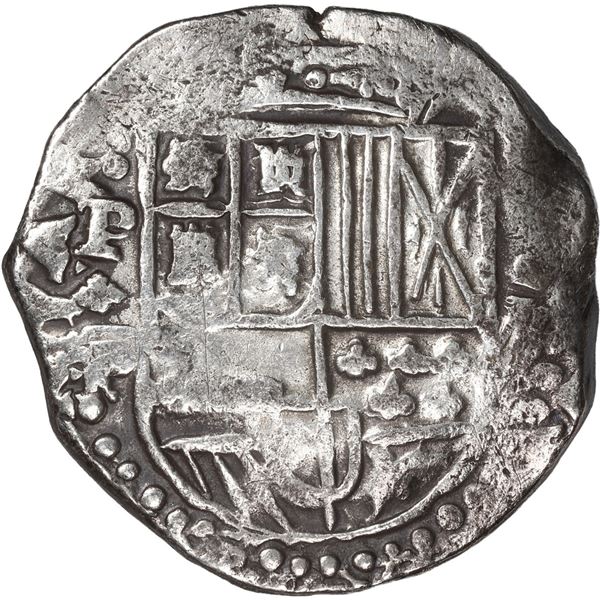 BOLIVIA, Potosí, cob 8 reales, Philip IV, assayer P (early 1620s), quadrants of cross transposed, "f