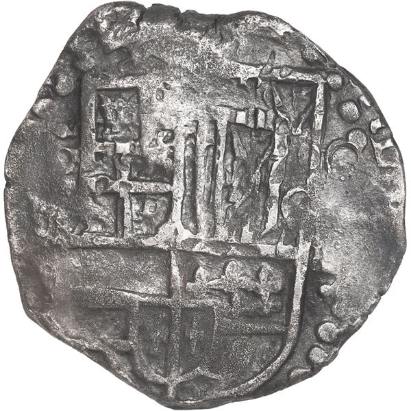 BOLIVIA, Potosí, cob 4 reales, 1628 (T or P), "hunched over" lions, rare, ex-Christensen.