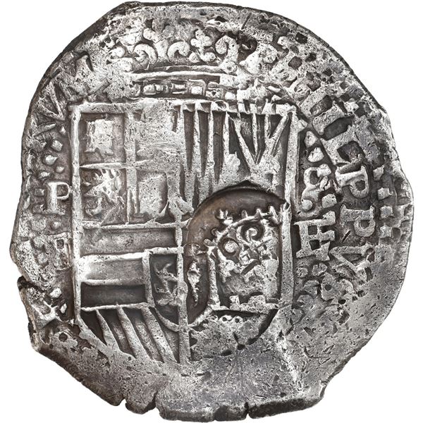 BOLIVIA, Potosí, cob 8 reales, 1652 E, with crowned-•F• (two dots) countermark on 