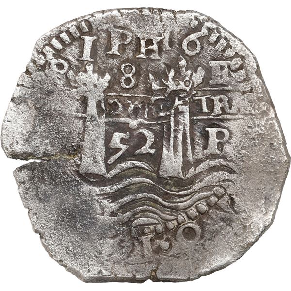 BOLIVIA, Potosí, cob 8 reales, 1652 E, post-transitional (Transitional Type VIII/B), 1-PH-6 at top.