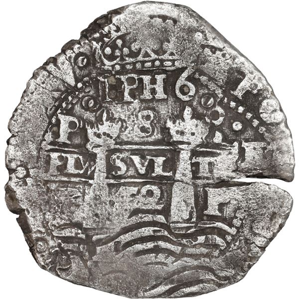 BOLIVIA, Potosí, cob 8 reales, 1652 E, post-transitional (Transitional Type VIII/B), 1-PH-6 at top.