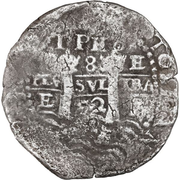BOLIVIA, Potosí, cob 8 reales, 1652 E, post-transitional (Transitional Type VIII/B), 1-PH-6 at top.