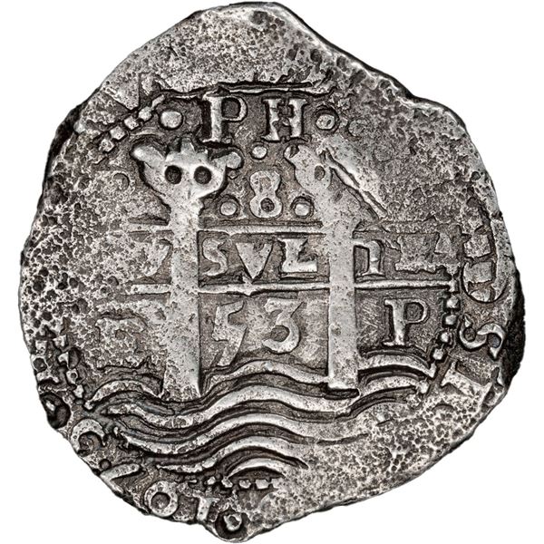 BOLIVIA, Potosí, cob 8 reales, 1653 E, •PH• at top, PCGS VF details / saltwater da