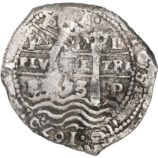 BOLIVIA, Potosí, cob 8 reales, 1653 E, •PH• at top, •pomegranate[x=#8226/