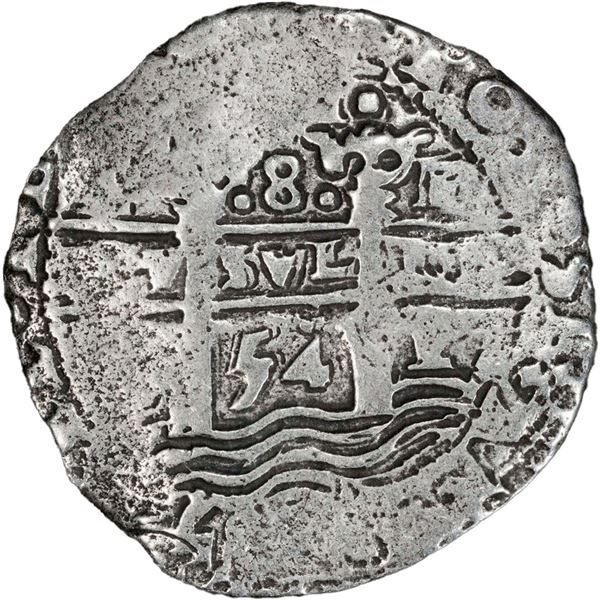 BOLIVIA, Potosí, cob 8 reales, 1654 E, •PH• at top, PCGS F details / saltwater dam