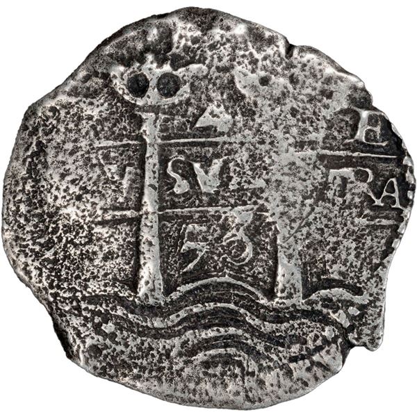 BOLIVIA, Potosí, cob 4 reales, 1653 E, •PH• at top, PCGS F details / saltwater dam