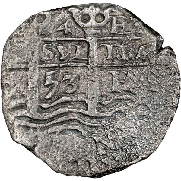 BOLIVIA, Potosí, cob 4 reales, 1653 E, tiny denomination 4, PCGS VF details / saltwater damage.