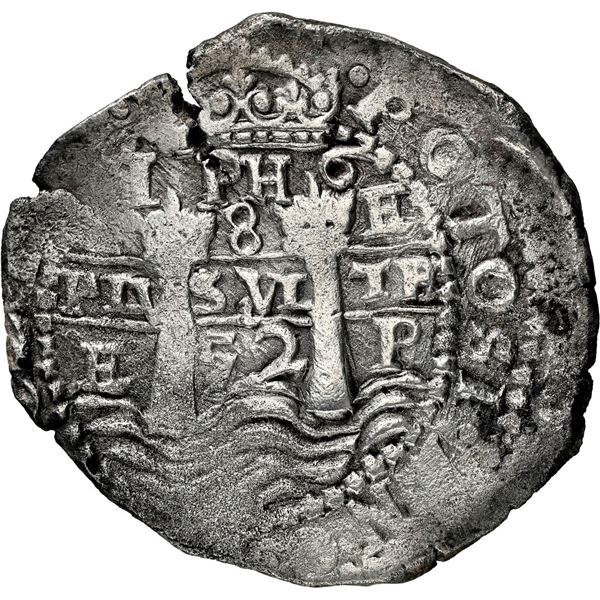 BOLIVIA, Potosí, cob 8 reales, 1652 E, post-transitional (Transitional Type VIII/B), 1-PH-6 at top, 