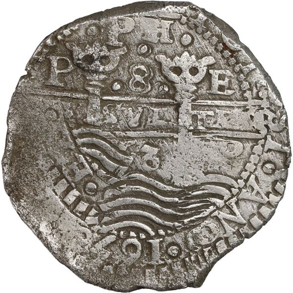 BOLIVIA, Potosí, cob 8 reales, 1653 E, •PH• at top, •pomegranate[x=#8226/