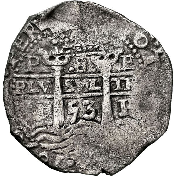 BOLIVIA, Potosí, cob 8 reales, 1653 E, •PH• at top, •pomegranate[x=#8226/