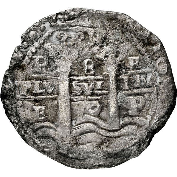 BOLIVIA, Potosí, cob 8 reales, 1653 E, PH at top, •pomegranate• above cross, NGC X