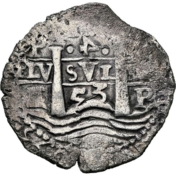 BOLIVIA, Potosí, cob 4 reales, 1653 E, retrograde denomination 4, PH at top, •pomegranate[x