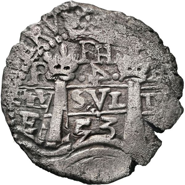 BOLIVIA, Potosí, cob 4 reales, 1653 E, retrograde denomination 4, PH at top, •pomegranate[x