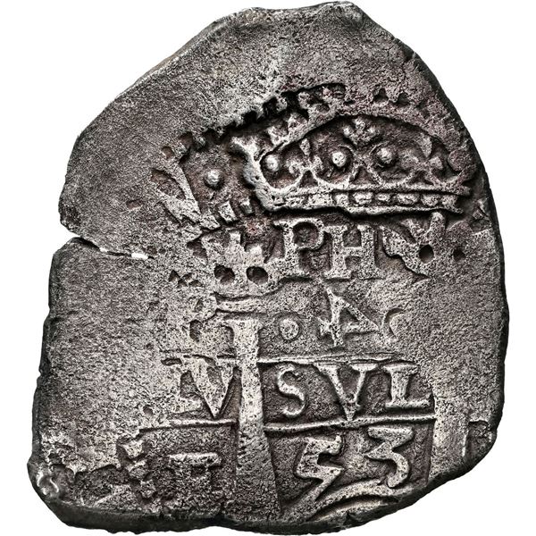 BOLIVIA, Potosí, cob 4 reales, 1653 E, retrograde denomination 4, PH at top, NGC XF details / saltwa