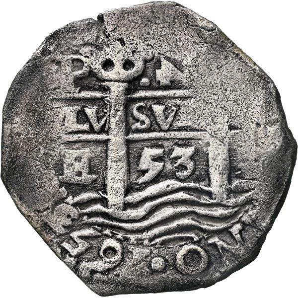 BOLIVIA, Potosí, cob 4 reales, 1653 E, retrograde denomination 4, NGC VF details / sea salvaged (Shi