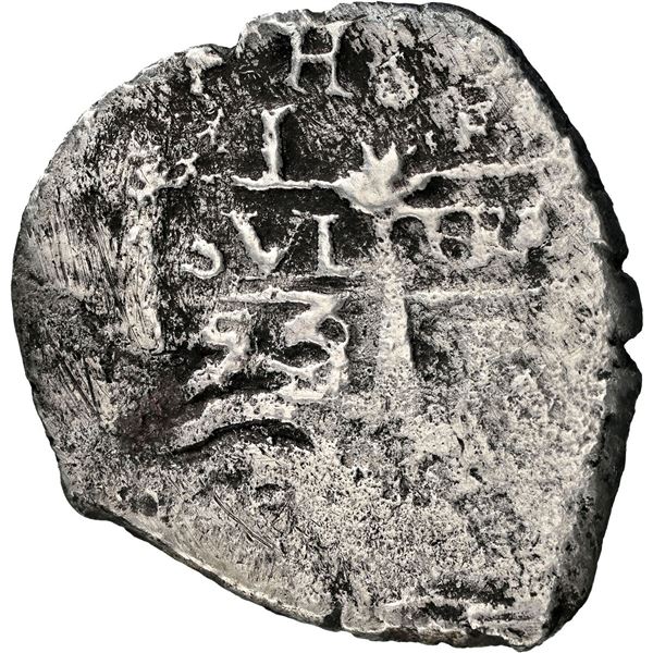 BOLIVIA, Potosí, cob 1 real, 1653/2 E, 1-PH-6 at top, • below cross, rare, NGC VF details /