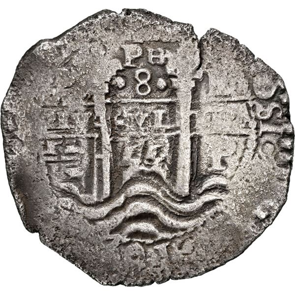 BOLIVIA, Potosí, cob 8 reales, 1655 E, PH at top (no dots), •pomegranate• above cr
