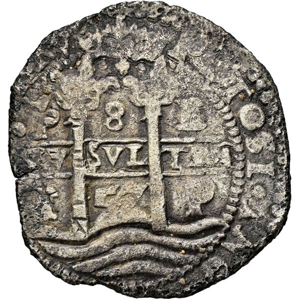 BOLIVIA, Potosí, cob 8 reales, 1657 E, •pomegranate• at top on both sides, NGC XF 