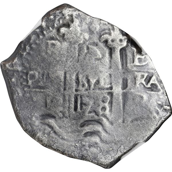 BOLIVIA, Potosí, cob 4 reales, 1678 E, retrograde denomination 4, NGC Sea Salvaged (Shipwreck Blue L