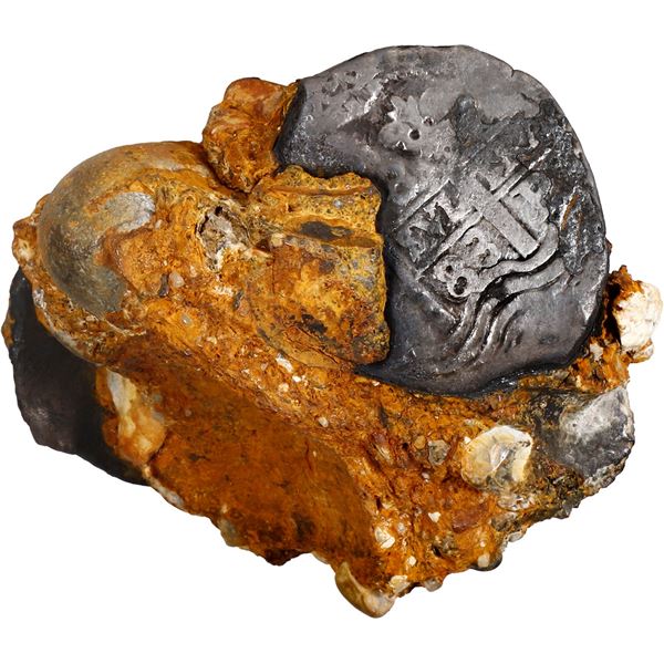 VARIOUS COUNTRIES, clump of three silver coins, one a Potosí cob 8R dated 1683.